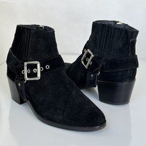 ALL SAINTS Black Suede Harness Buckle Moto Booties Ankle Boots Size 6